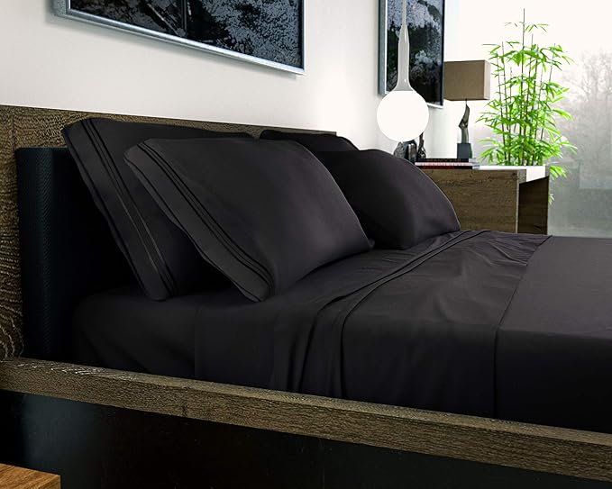 DREAMCARE California King Sheet Sets - 6 pcs Breathable Cooling Bed Sheets - up to 21" Extra Deep Cal King Sheets with Side Pockets - Extra Soft 100% Brushed Hypoallergenic Hotel Luxury Bedding -Black
