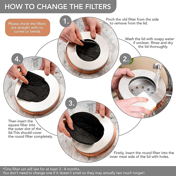 RED FACTOR Premium Compost Bin for Kitchen Countertop - Stainless Steel Food Waste Bucket with Innovative Dual Filter Technology - Includes Spare Filters (Matt Copper, 1.3 Gallon) - Image 6