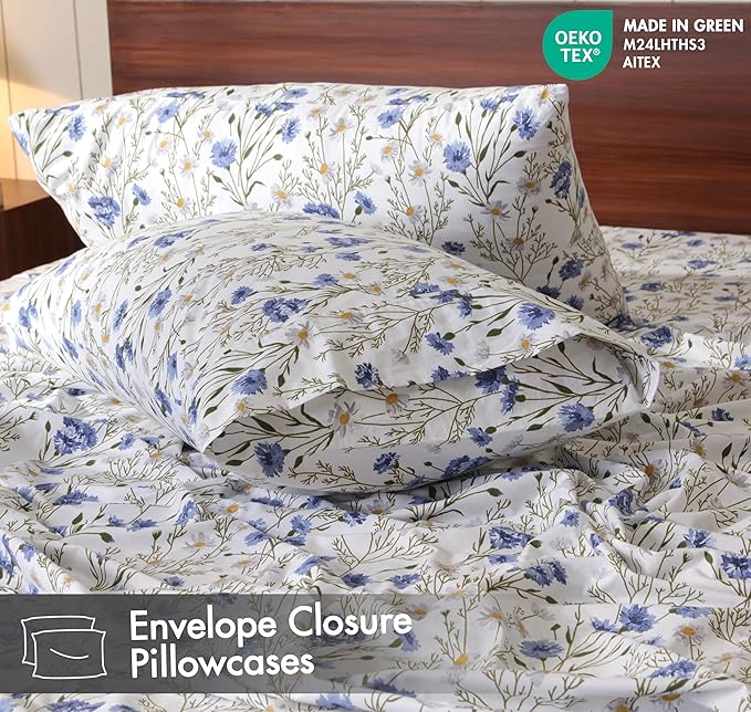 RUVANTI 100% Cotton Sheets – California King Percale Bedding, Cooling & Breathable Floral Design, Durable with a Crisp, Soft & Comfortable Feel, 14" Deep Pocket, 4-Piece Set, Sweet Pea