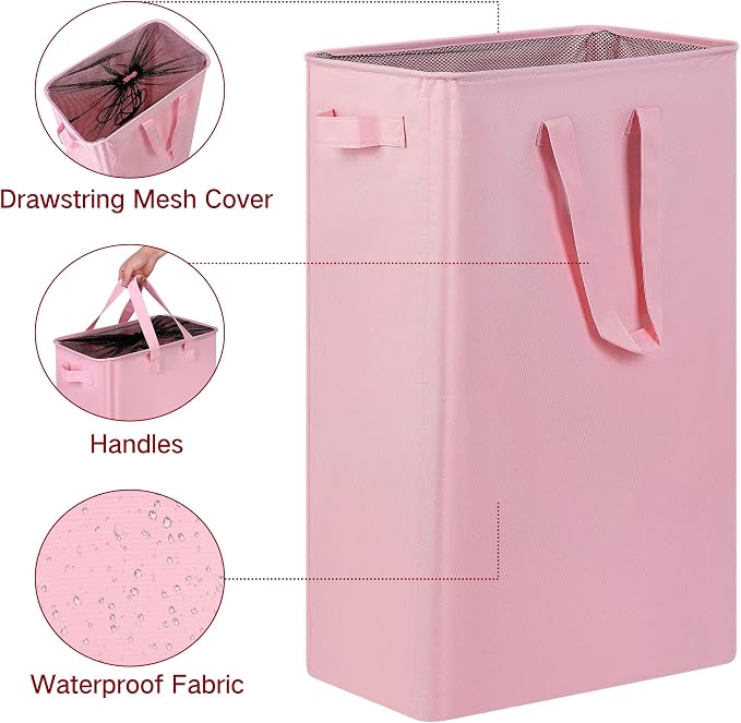 efluky Slim Laundry Basket, Narrow Laundry Hamper with Handles, Collapsible Dirty Clothes Hamper, Tall Laundry Bin for Laundry Room, Dorm and Bedroom, 19.8 Gallon (75L) Pink - Image 3
