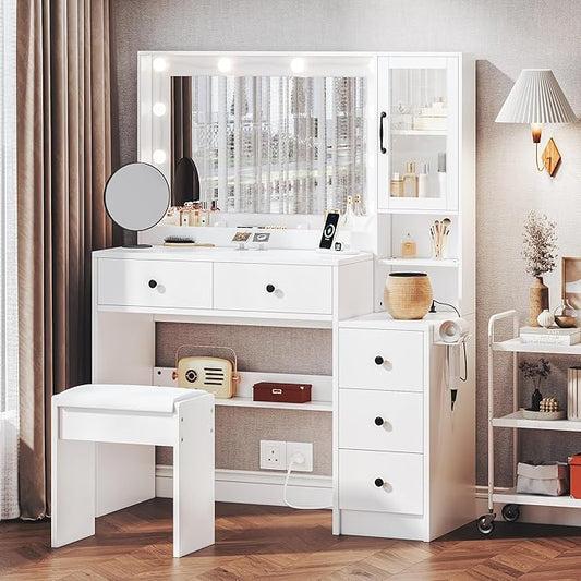 UGTOO White Vanity Table with Drawer Dresser, Farmhouse Vanity Makeup Desk with Charging Station, Vanity Desk with Lights Mirror & Drawers for Makeup, Vanity Desk with Storage Shelf & 5 Drawers