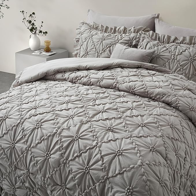 BEDAZZLED Queen Size Comforter Sets,Grey Bedding Comforter Set, 3 Pieces Pinch Pleat Bedding Sets with Comforter and Pillowcases Soft Farmhouse Shabby Chic Comforter for All Season