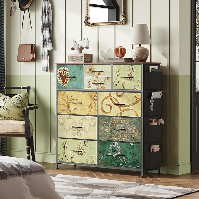 WLIVE Fabric Dresser for Bedroom with 10 Drawers, Chest of Drawers with Side Pockets and Hooks, Sturdy Metal Frame, Drawers Organizer Unit for Living Room, Hallway, Floral Painted