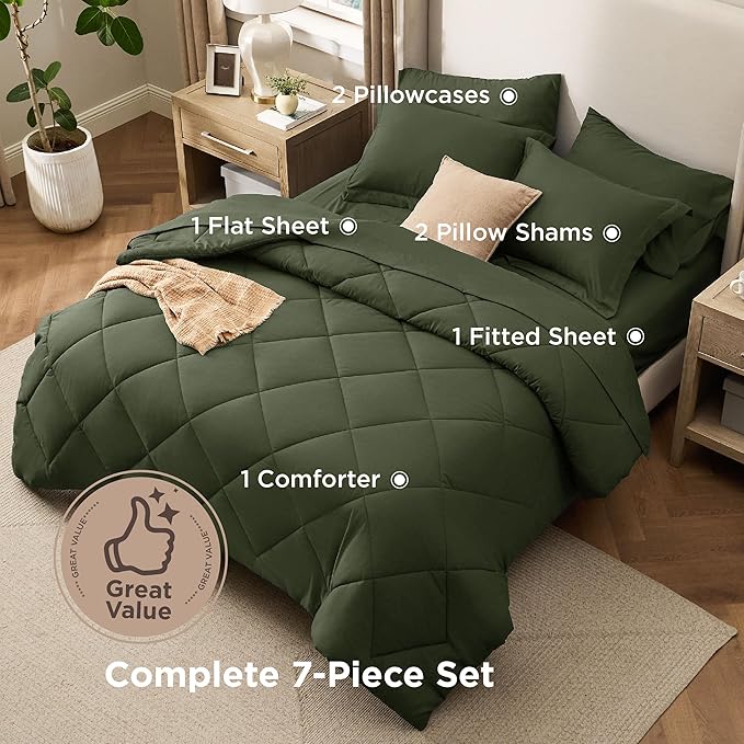 Bedsure 7 Pieces King Comforter Set Premium Series, Hotel Luxury Soft Bed in a Bag, Goose Down Alternative, Safe for Sensitive Skin Bedding Comforter All Season Medium Warmth, Olive Green King Size