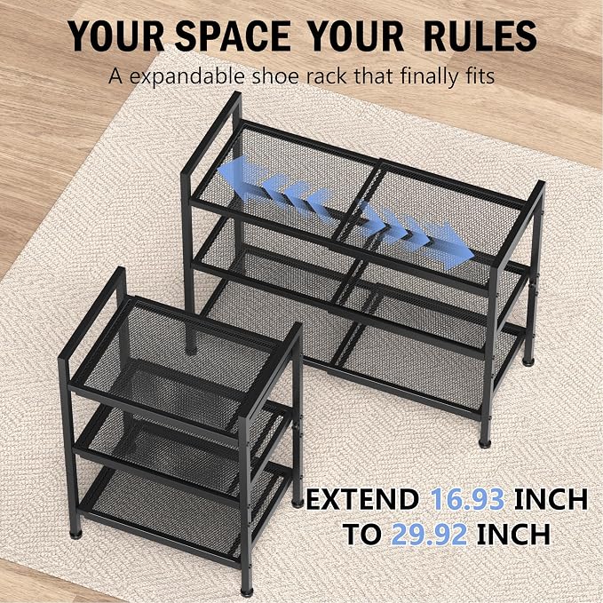 3 Tier Shoe Rack, Expandable Shoe Rack for Closet, Adjustable Shoe Organizer for Entryway, Shoe Storage Organizer for Door Entrance, Garage, Bedroom - Image 4