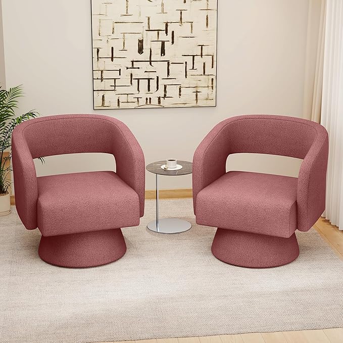 Nebuaegis Swivel Accent Chair Set of 2, Modern Comfy Teddy Barrel Chairs, Oversized Upholstered Round Arm Chair for Living Room, Bedroom, Reading Room, Dark Pink