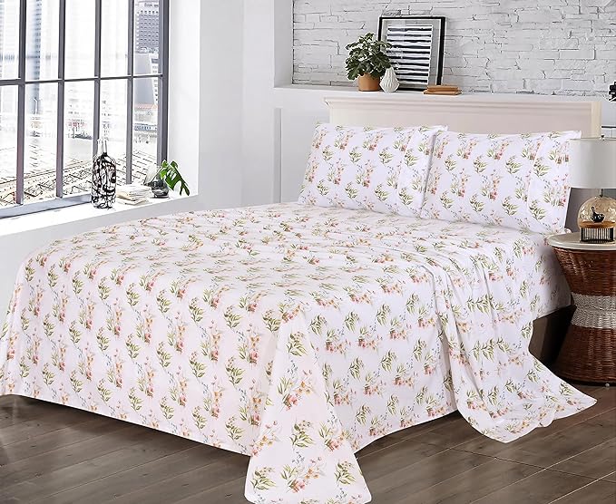 RUVANTI 100% Cotton Sheets – King Size Percale Bedding, Cooling & Breathable Floral Design, Durable with a Crisp, Soft & Comfortable Feel, 16" Deep Pocket, 4-Piece Set, Floral Bliss