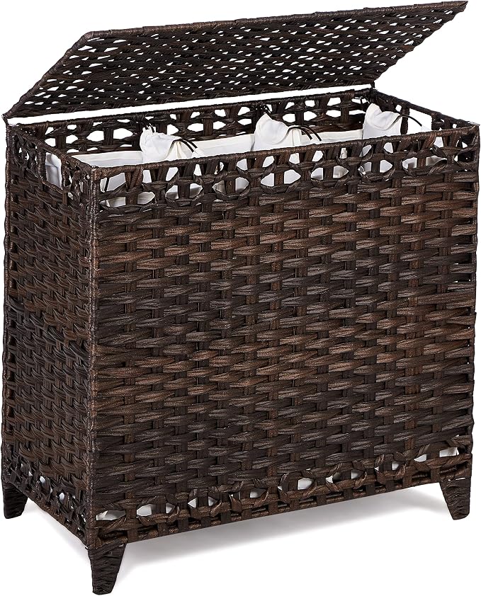Laundry Hamper with 3 Removable Liner Bags; 132L Handwoven Rattan Laundry Basket with Lid & Heightened Feet; Clothes Hamper with Side Handles; Laundry Sorter with 3 Separate Sections by Hermina