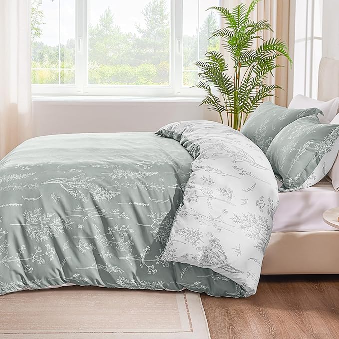 Love's cabin Grey Full Size Comforter Set - Full Comforter Set, 3 Pieces Cute Floral Bedding Sets for All Seasons,1 Soft Reversible Botanical Flowers Comforter and 2 Pillow Shams