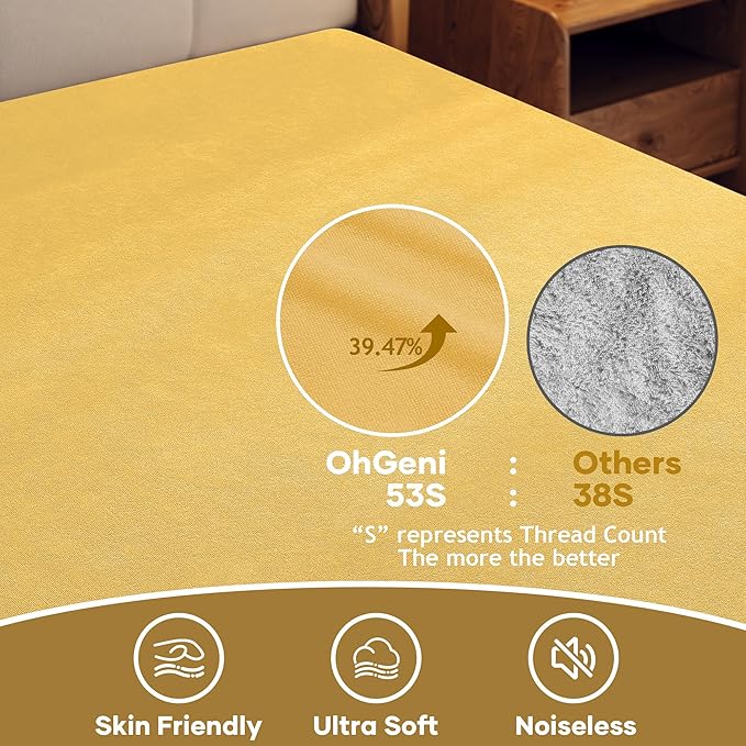 OhGeni 100% Waterproof Mattress Protector, Queen Size Yellow, Fitted Sheet with Deep Pockets, 6''-18'', Premium Noiseless Breathable Soft Material, Mattresses Cover for Bed