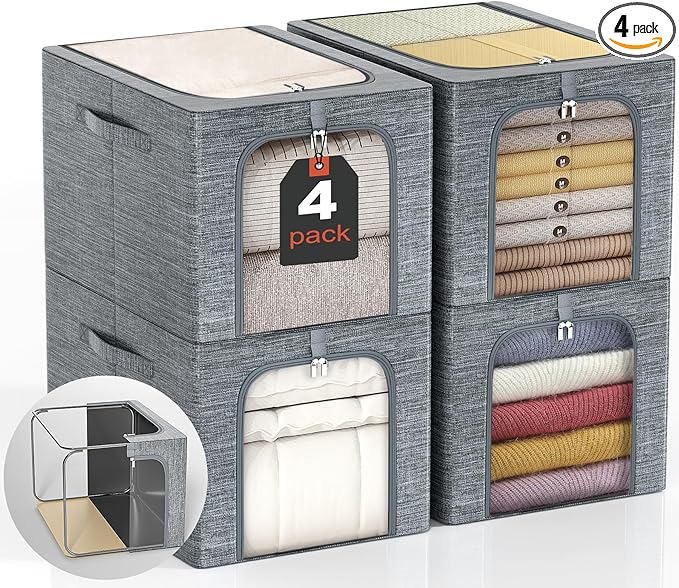 GoMaihe Clothes Storage Bin with Metal Frame: 4-Pack Stackable Closet Storage Bin with Lid & Clear Window, Sweater Boxes Storage for Closet Clothing Bedding Storage Organizer 40L by GoMaihe