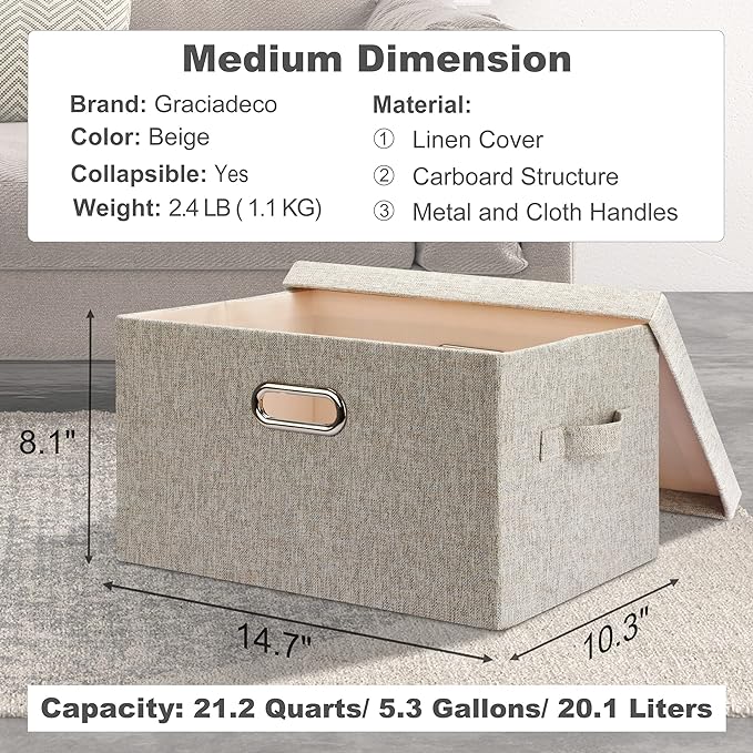 Graciadeco Medium 15" 21 Quart Collapsible Stackable Storage Bins with Lids, 3 Packs Beige Foldable Fabric Closet Boxes Heavy-duty Linen Cube Baskets Container for Bedroom Office (15 x 11 x 8) - Image 2