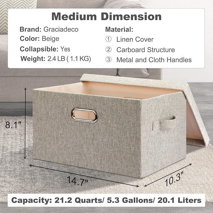 Graciadeco Medium 15" 21 Quart Collapsible Stackable Storage Bins with Lids, 5 Packs Beige Foldable Fabric Closet Boxes Heavy-duty Linen Cube Baskets Container for Bedroom Office (15 x 11 x 8) - Image 2
