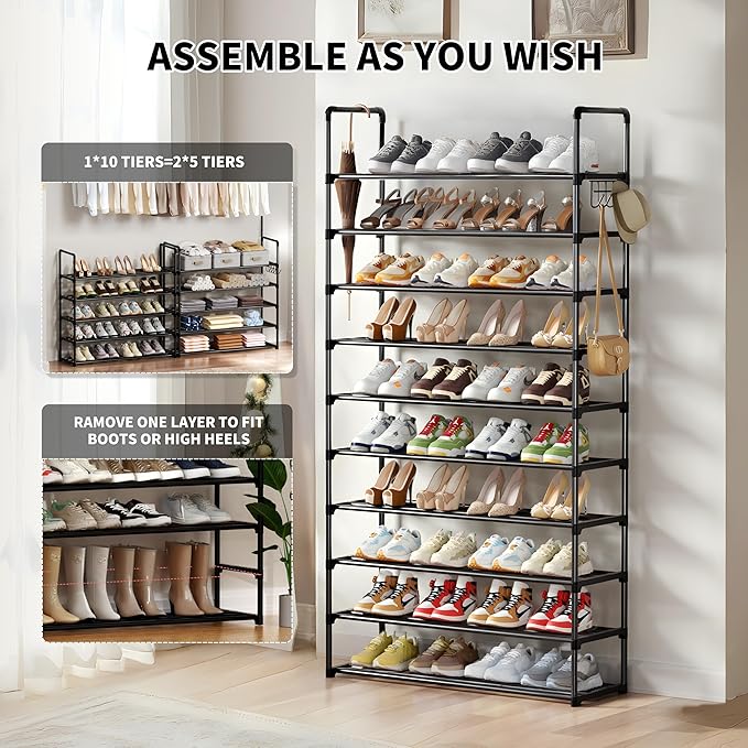 Shoe Rack, 10 Tier Shoe Storage Organizer with Hooks,Fit 40-45 Pairs Shoes,Metal Tall Shoe Shelf for Closet,Entryway, Hallway,Garage,Bedroom,Cloakroom - Image 4