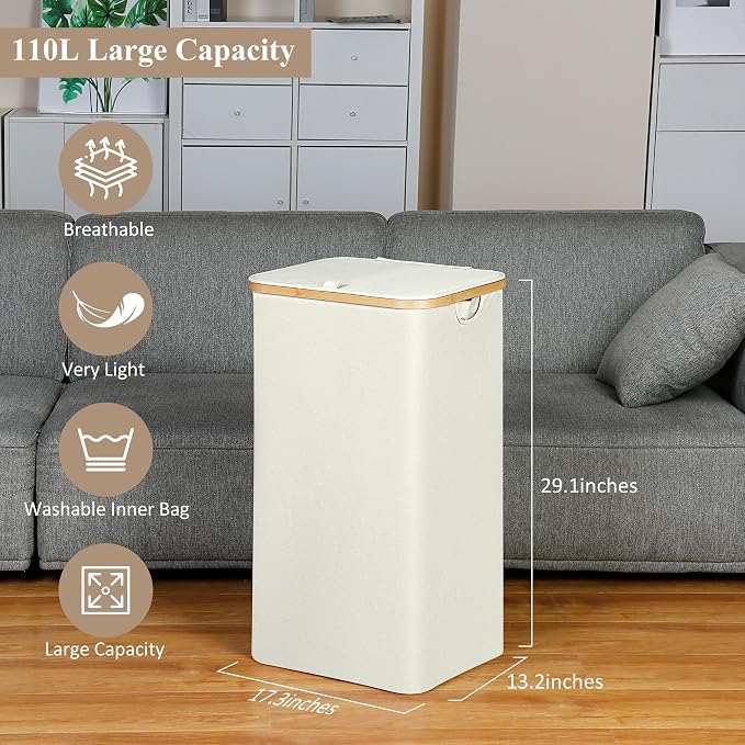 iEGrow Laundry Basket with Lid, 110L Large Laundry Hamper with Handle and Lid, Collapsible Clothes Basket Organizer with Removable Inner Bag for Clothes Toys Towels - Beige - Image 3