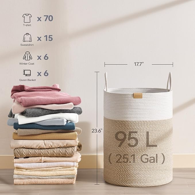 Nunsino Laundry Hamper 95L,Large Laundry Basket for Clothes,Decorative Storage Basket for Blankets,Cotton Rope Woven basket for bedroom,Brown White - Image 6