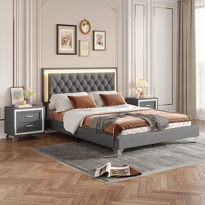 Harper & Bright Designs Farmhouse 3 Pieces Queen Size Bedroom Sets, Upholstered Platform Bed Frame with Headboard, 2 Nightstands and LED Lights, 3 Piece Bedroom Furniture Sets (Gray)