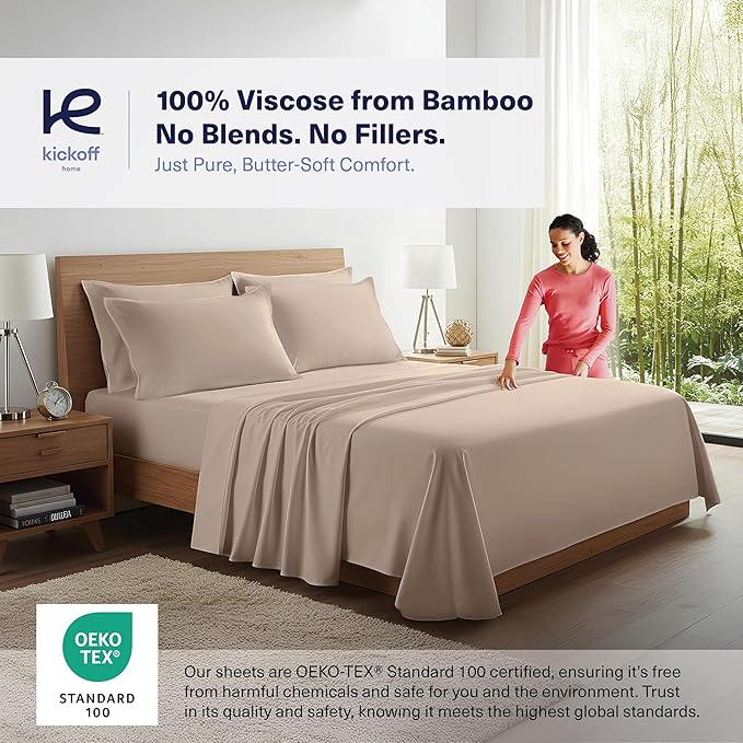 Kickoff Viscose Bamboo Sheets Full Size 4-pc 100% Organic Bamboo Viscose Bed Cooling Sheets Full Size Set Cool Bedding for hot Sleepers Sheet, Flat, Fitted, Pillowcases (Taupe Latte, F)