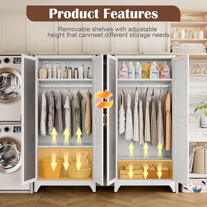 SteeLoong Metal Wardrobe Cabinet with Hanging Rod, 71" Tall Armoire Wardrobe Closet with 2 Mirror Doors and Adjustable Shelves, White Clothing Storage Cabinets for Bedroom, Laundry Room