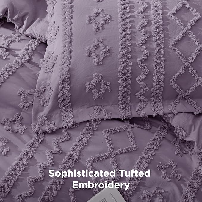Bedsure Tufted Boho Comforter Set Twin Size - Grayish Purple Boho Bed Set, GentleSoft™ 2 Pieces Farmhouse Shabby Chic Embroidery Bedding, Gifts for Woman, Soft Jacquard Twin Comforter for All Seasons