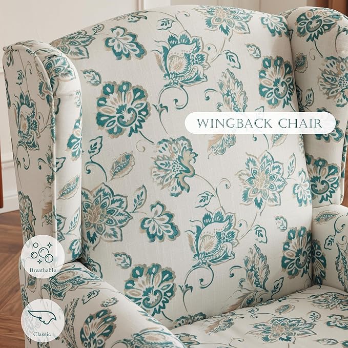 MELLCOM Floral Accent Chair, High Back Upholstered Armchair with Solid Legs, Leisure Single Sofa Chair for Living Room, Bedroom, Home Office, Light Cyan Floral