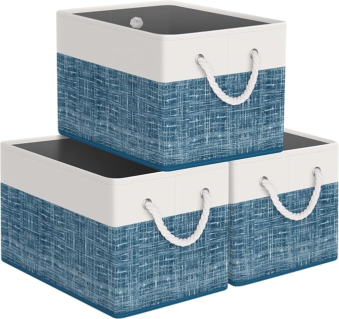 StorageTastic Storage Bin,Collapsible Storage Basket For Organizing,Large Storage Boxes With Rope Handles,Storage Containers,White & Blue,3 Pack by StorageTastic