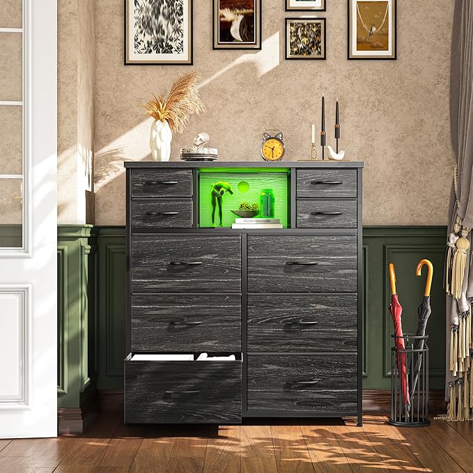 Romorgniz Dresser for Bedroom with 10 Drawers Featuring LED Light and Power Outlet, Fabric Dressers & Chest of Drawers with Open Shelves for Hallway, Living Room, Metal Frame,Wood Top,Grain Black