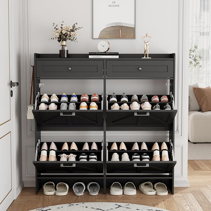 Shoe Cabinet with 4 Flip Drawers & 2 Top Drawers, 43" Tall Freestanding Narrow Wooden Shoe Storage Organizer for Entryway, Hidden Slim Shoe Rack for Front Door Entrance, Hallway, Living Room, Black - Image 8