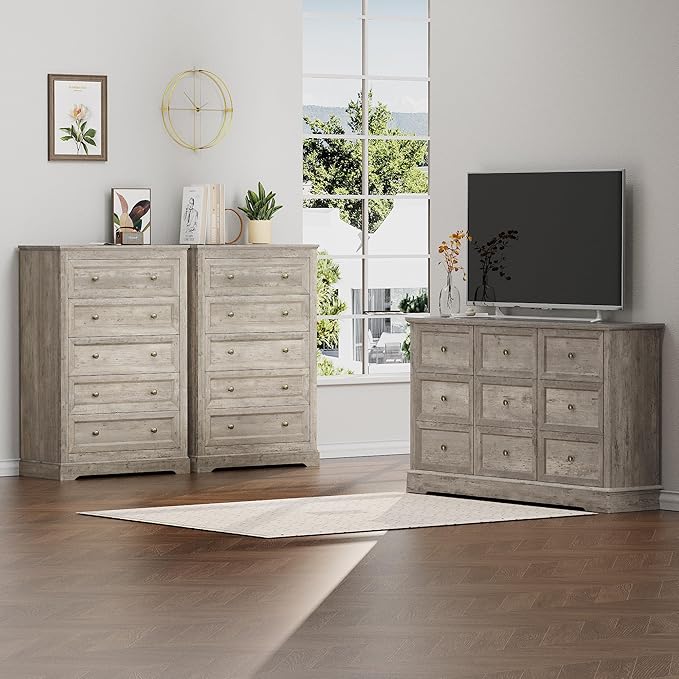 KIGOTY Farmhouse Bedroom Set, 3 Piece Bedroom Furniture Set, 9/5 Drawer Dressers,Rustic Closet Clothes Organizer, Drawer Dresser Set for Home,Grey