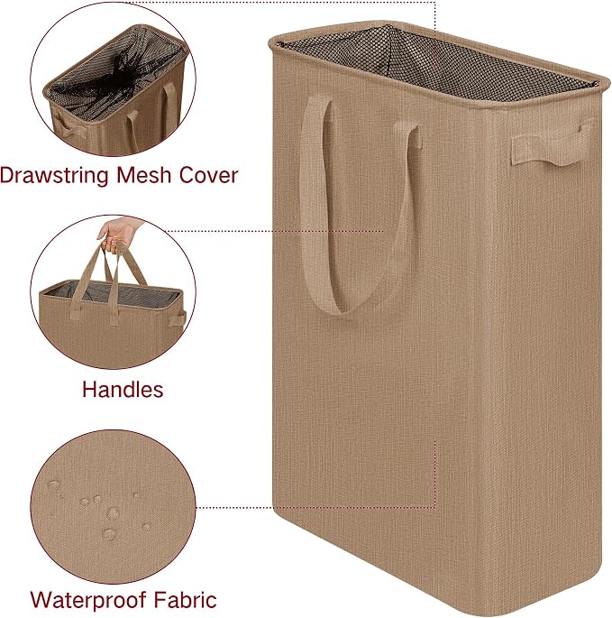 efluky Slim Laundry Basket, Narrow Laundry Hamper with Handles, Collapsible Dirty Clothes Hamper, Tall Laundry Bin for Laundry Room, Dorm and Bedroom, 19.8 Gallon (75L) Flax Brown - Image 3