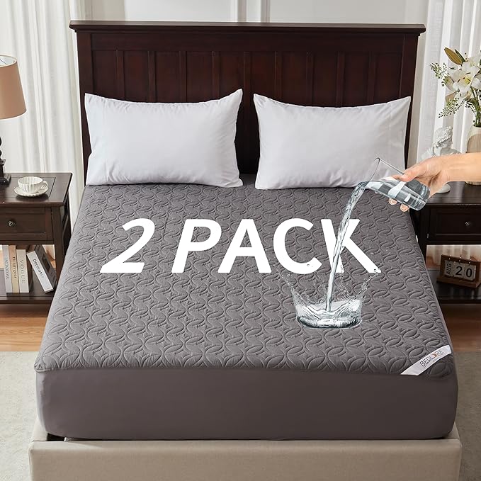 2 Pack Waterproof Mattress Protector, Queen Size Mattress Pad Noiseless with Deep Pocket 6"-18" Depth, Soft Breathable Dirt-Proof Bed Mattress Cover Washable for Home, Bedroom, Hotel (Gray)