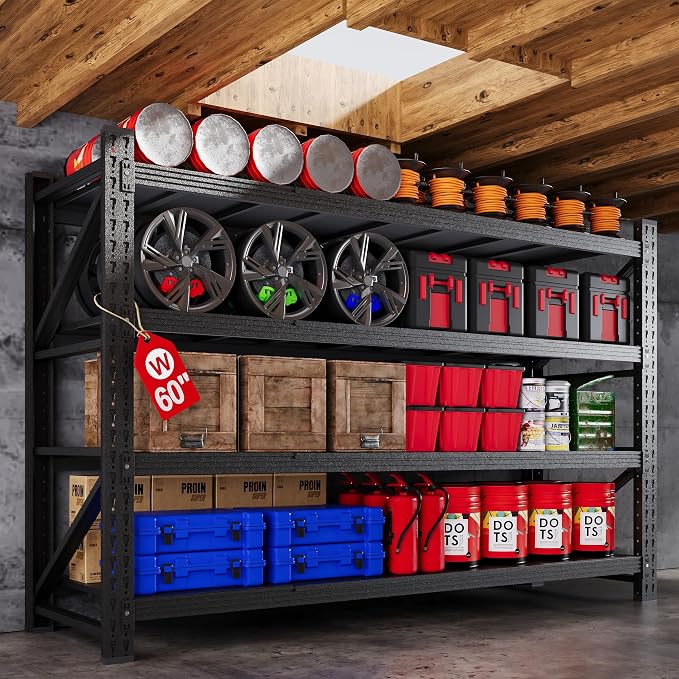60" W Metal Shelving Heavy Duty, 24" Deep Large Storage Shelves, 4 Tier Tall Steel Industrial Shelving, 5000 LBS Adjustable Standing Shelf for Warehouse/Shop 60" W x 24" D x 70" H by AFAIF