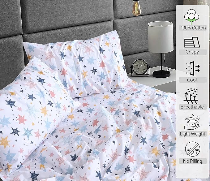 RUVANTI 100% Cotton Sheets – Queen Size Percale Bedding, Cooling & Breathable Floral Design, Durable with a Crisp, Soft & Comfortable Feel, 16" Deep Pocket, 4-Piece Set, Fault Star