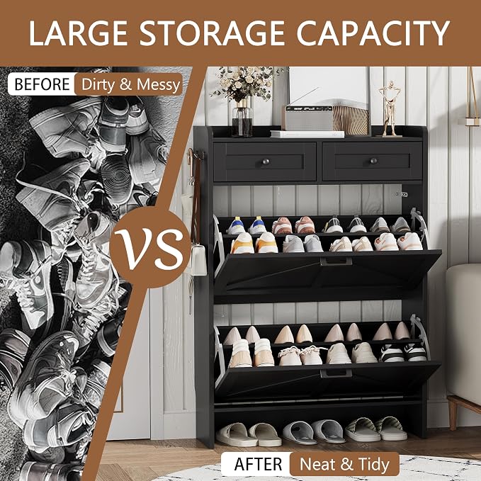 Shoe Cabinet with 2 Flip Drawers & 2 Top Drawers, 43" Tall Freestanding Narrow Wooden Shoe Storage Organizer for Entryway, Hidden Slim Shoe Rack for Front Door Entrance, Hallway, Living Room, Black - Image 7