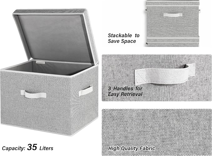 StorageWorks Fabric Storage Bins with Lid, Decorative Storage Boxes for Shelves, Stackable Closet Organizer Basket with Handles, Jumbo, Gray, 2-Pack - Image 3