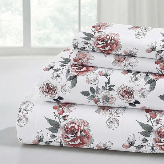 Modern Threads Printed 4-Piece Extra Soft Bedding Sheets & Pillowcase Set, Deep Pocket up to 16 inch Mattress Rose Bloom Cal King