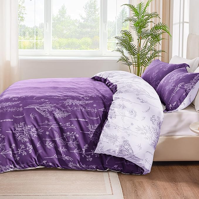 Love's cabin Dark Purple Full Comforter Set - Full Size Comforter Set, 3 Pieces Cute Floral Bedding Sets for All Seasons,1 Soft Reversible Botanical Flowers Comforter and 2 Pillow Shams