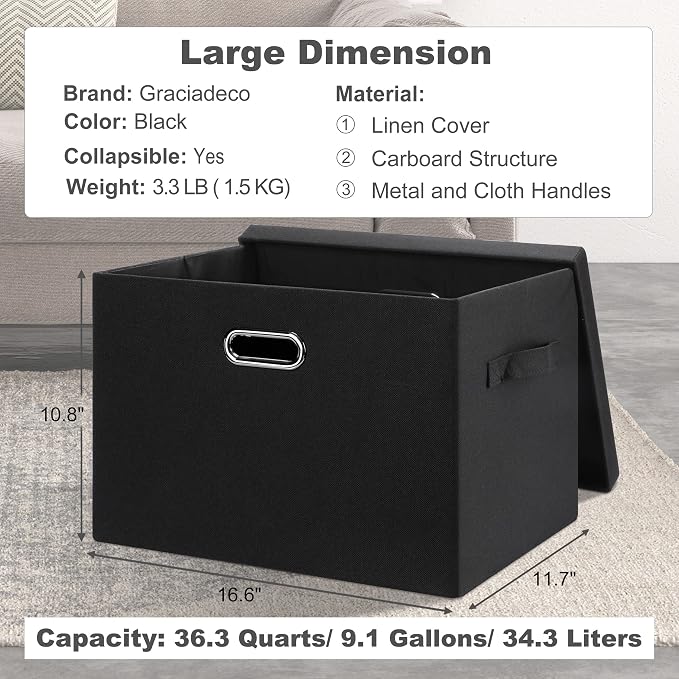 Graciadeco Large 17" 36 Quart Collapsible Stackable Storage Bins with Lids, 3 Packs Black Linen Fabric Closet Boxes with Lids, Storage Cube Baskets Container Organizers for Bedroom Office(17 x12 x11) - Image 2