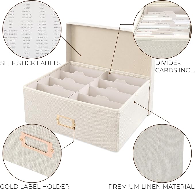 ZICOTO Decorative Photo Storage Box - Sturdy Linen Photo Organizer with Dividers is Perfect to Store up to 1700 Pictures and 4x6 Photos - Portable Scrapbook Storage Containers with Lid - Image 6