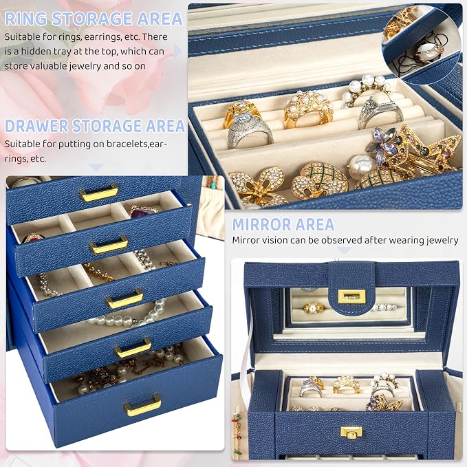 AKOZLIN Jewelry Box Organizer Functional Leather Jewelry Storage Case for Women Girls Ring Necklace Earring Bracelet Holder Organizer with Mirror Blue - Image 3