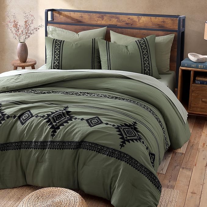 MaiRêve Embroidery Comforter Set, Boho Farmhouse Western Bedding Set, All Season Bed in A Bag Comforter Set with Sheets, Pillowcases & Shams, Olive Green King 7 Pieces
