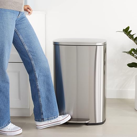 Amazon Basics Smudge Resistant Rectangular Trash Can with Soft-Close Lid, Foot Pedal, Removable Inner Bucket, 50 Liter/13.2 Gallon, Brushed Stainless Steel, Satin Nickel Finish - Image 2