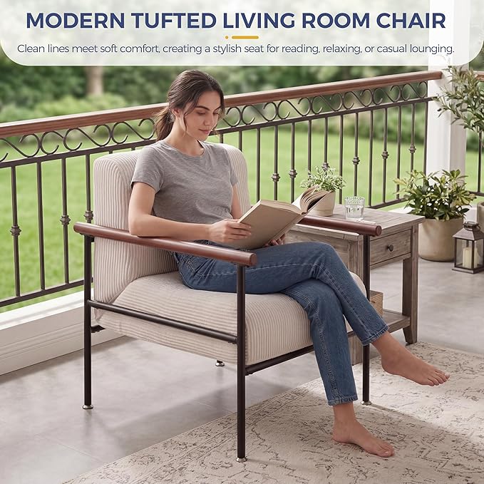 MAXYOYO Living Room Accent Chair, Modern Chair with Sturdy Metal Frame & Wood Armrests, Upholstered Reading Chair with Upholstered Cushion for Bedroom Balcony Porch, Beige