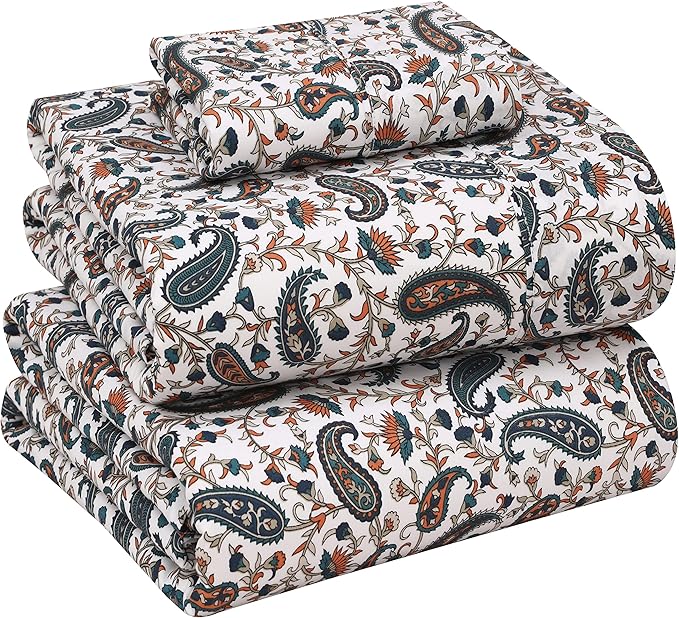 RUVANTI 100% Cotton Sheets – Twin XL Size Percale Bedding, Cooling & Breathable Floral Design, Durable with a Crisp, Soft & Comfortable Feel, 16" Deep Pocket, 3-Piece Set, Teal Paisley