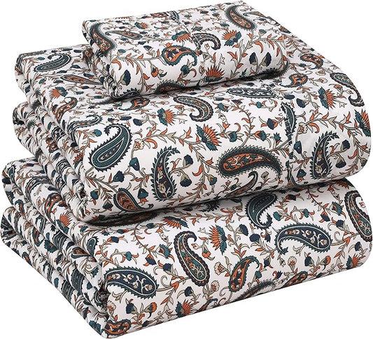 RUVANTI 100% Cotton Sheets – Twin Size Percale Bedding, Cooling & Breathable Floral Design, Durable with a Crisp, Soft & Comfortable Feel, 16" Deep Pocket, 3-Piece Set, Teal Paisley