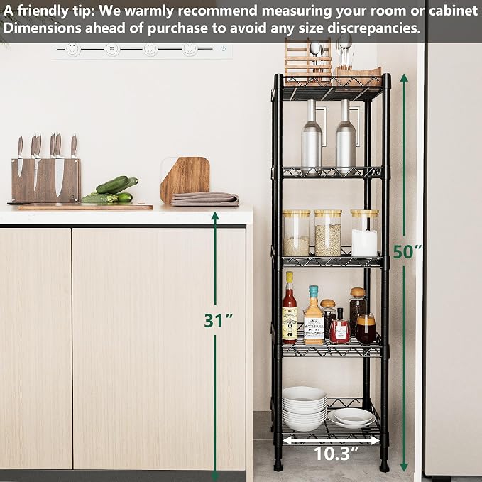 GIOTORENT 5 Tier Standing Shelving Metal Units, Adjustable Height Wire Shelf Display Rack for Laundry Bathroom Kitchen 11.8 W x 11.8 D x 50 H (5-Tier, Black) - Image 7
