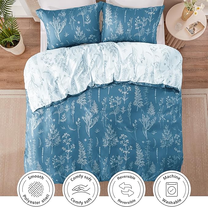 Love's cabin Mineral Blue Twin Comforter Set - Twin XL Size Comforter Set Dorm Bedding, 2 Pieces Cute Floral Bedding, Soft Reversible Flowers Comforter, 1 Comforter & 1 Pillow Sham