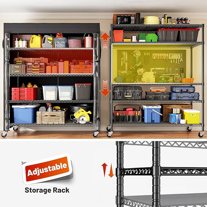 REIBII 45''W Storage Shelves with Cover & Wheels, Metal Shelving Waterproof Dustproof, Wire Shelving Unit Covers, Garage Storage Rack Wire Shelf for Kitchen Pantry, Storage Room, 45Wx17.72Dx72.83H - Image 6