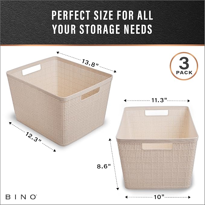 BINO Woven Plastic Basket | Large (Natural), 3-Pack | THE JUTE COLLECTION | Home Organization, Space-Saving Storage, Stylish Design | Plastic Storage Basket - Image 3