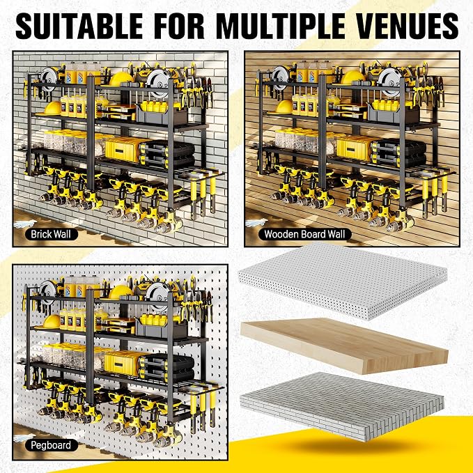 Hipidian Power Tool Organizer Wall Mount - Storage Rack with 4 Drill Holders for Drills Cordless Tools. Heavy Duty Iron Garage Tool Organizer Storage for Workshop Shed (4 Slots 4 Layers 2 Pcs) - Image 7